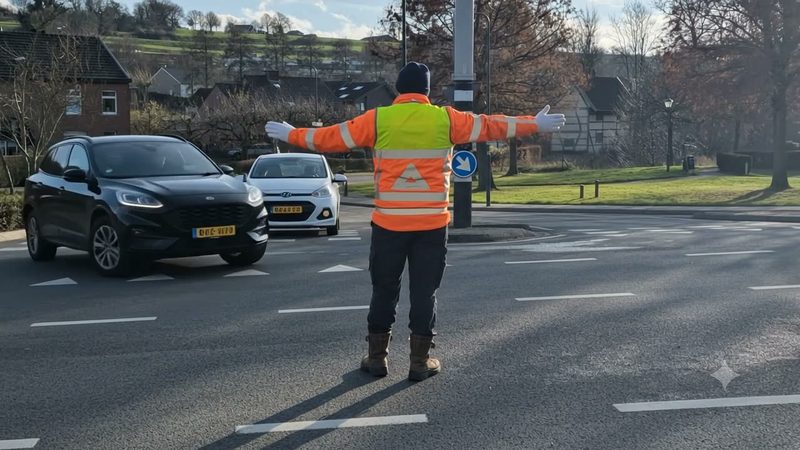 Verkeersregelaar regelt het verkeer op een kruispunt